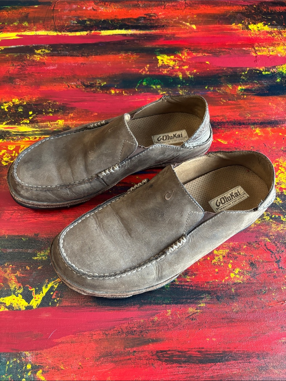 OluKai Men's Slip-On Loafers in Taupe Brown